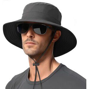 Unisex Grey 100% Nylon Wide Brim Uv Protection With Chin Strap Hunting Sun Hat